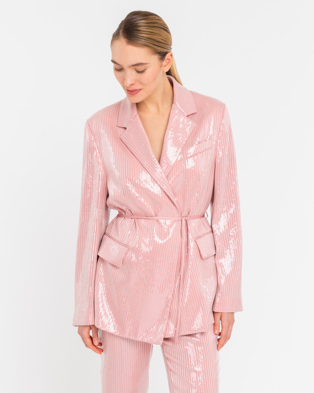 pink micro sequin blazer with belt