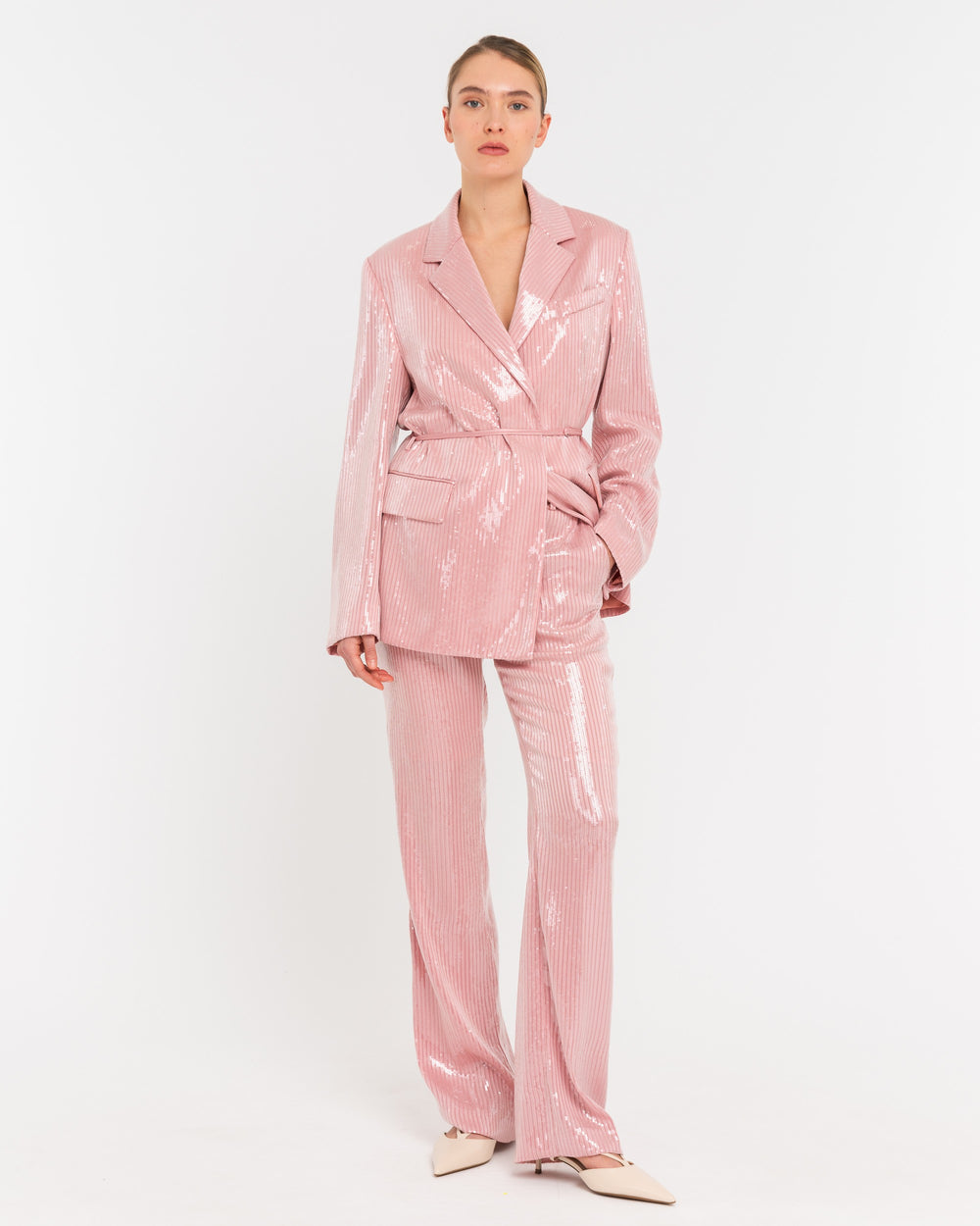 pink micro sequin flared trousers