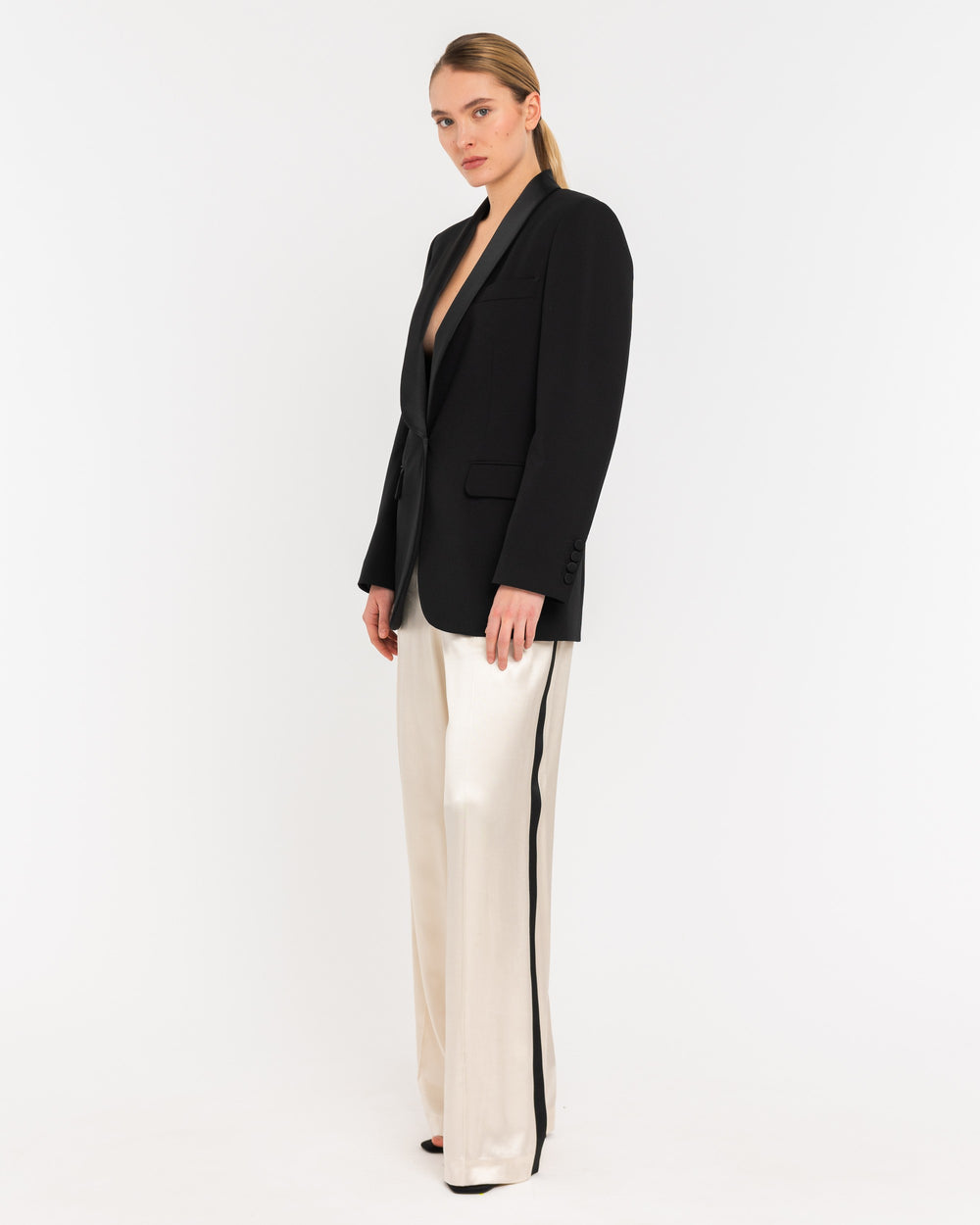 beige wide trousers with contrasting band