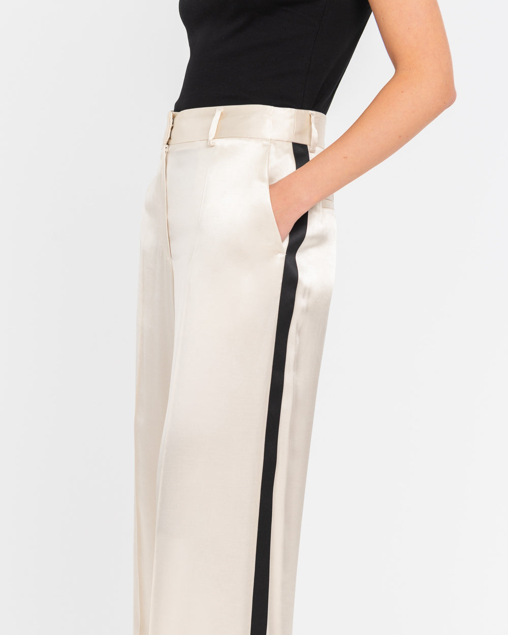 beige wide trousers with contrasting band