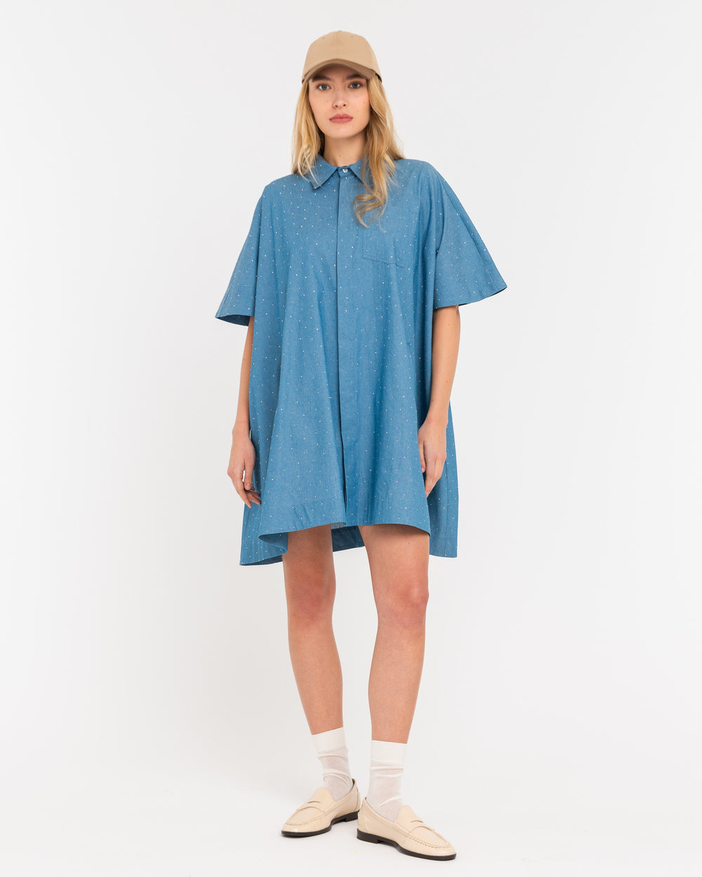 light blue oversize chambray chemisier with appliqués