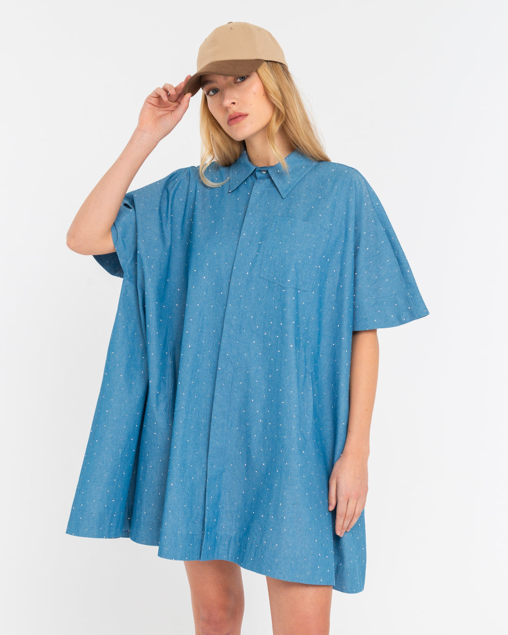 light blue oversize chambray chemisier with appliqués