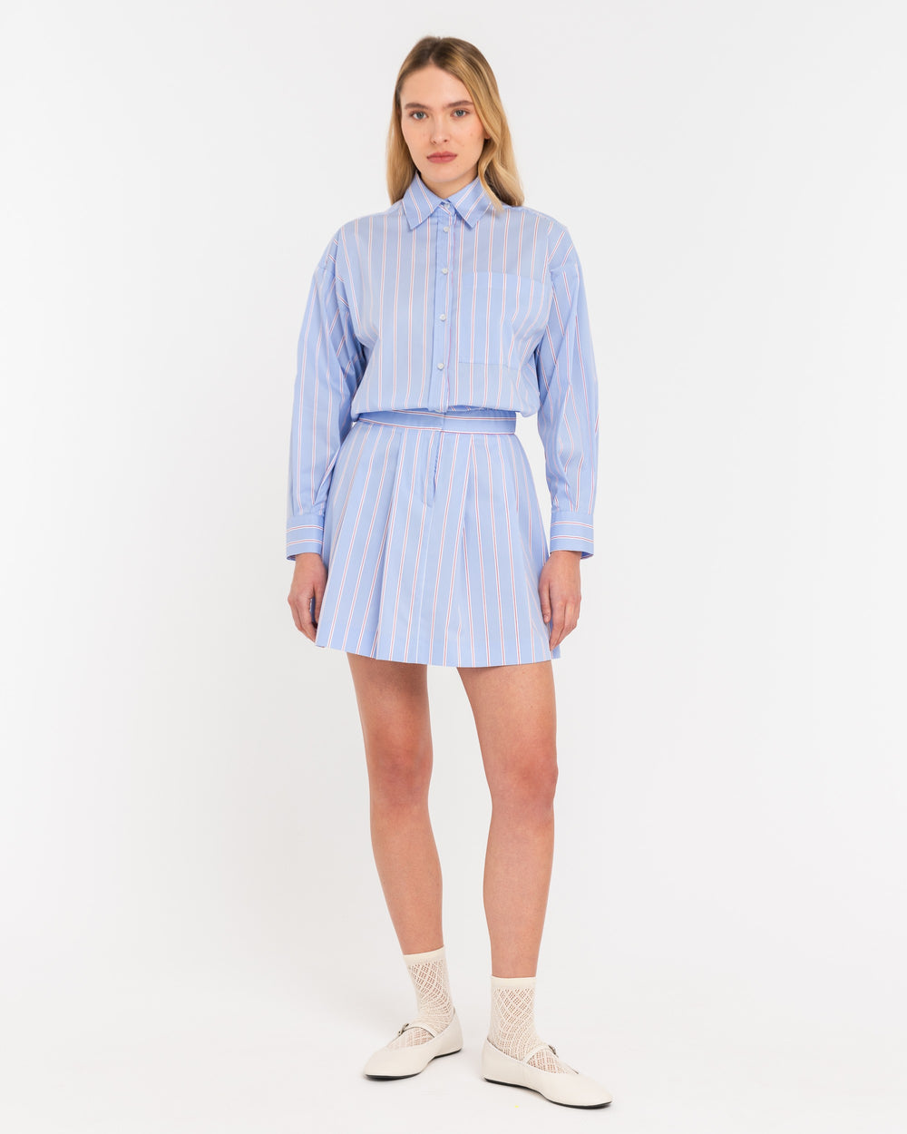 sky blue short striped cotton chemisier