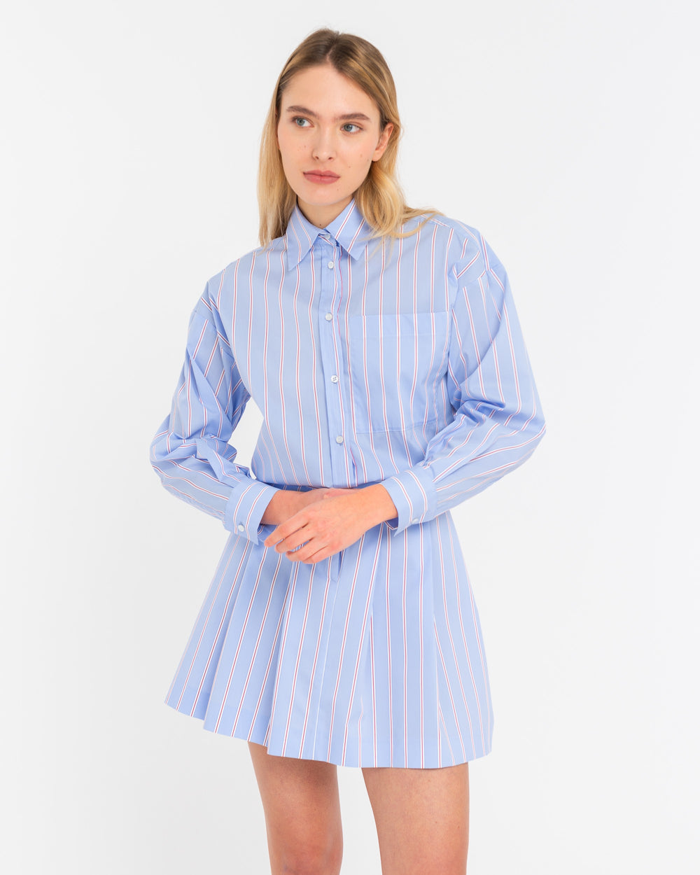 sky blue short striped cotton chemisier