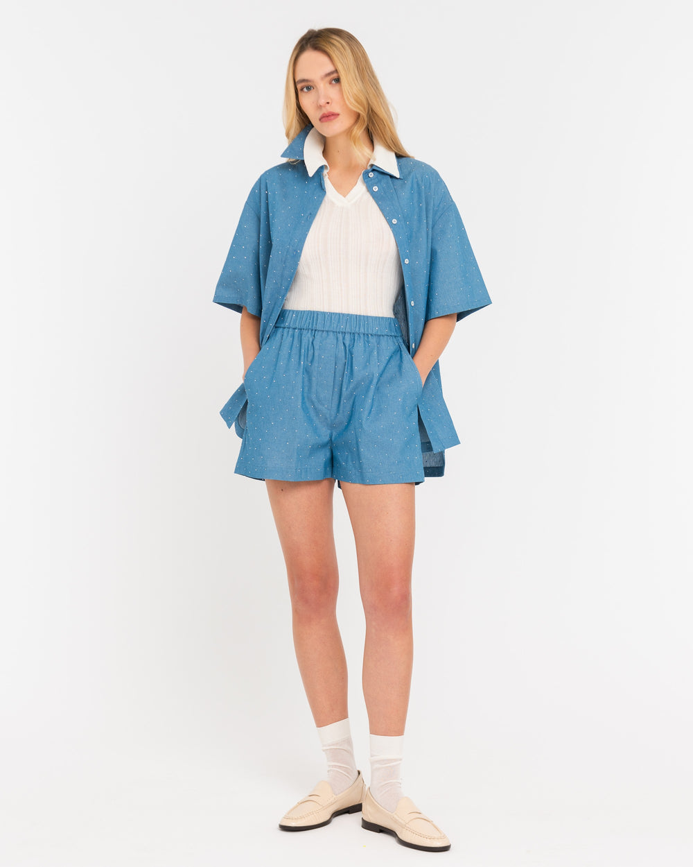 light blue cotton chambray bermuda shorts with appliqués