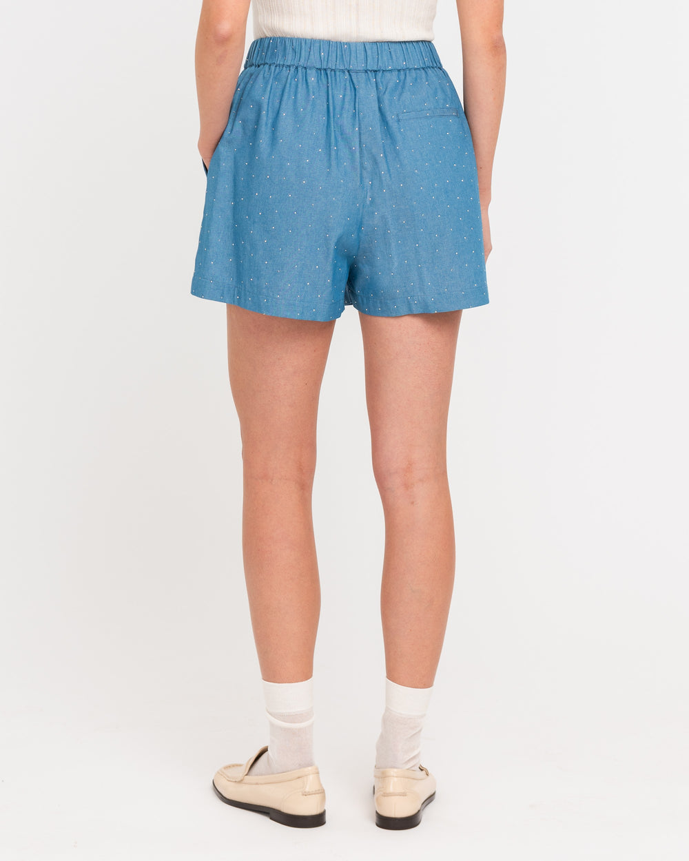 light blue cotton chambray bermuda shorts with appliqués