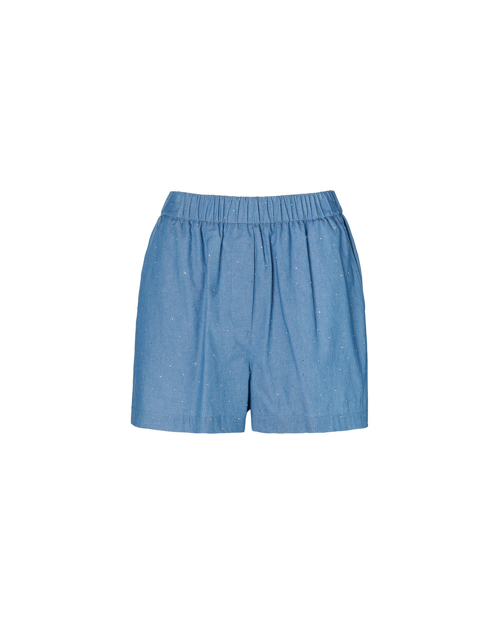 light blue cotton chambray bermuda shorts with appliqués