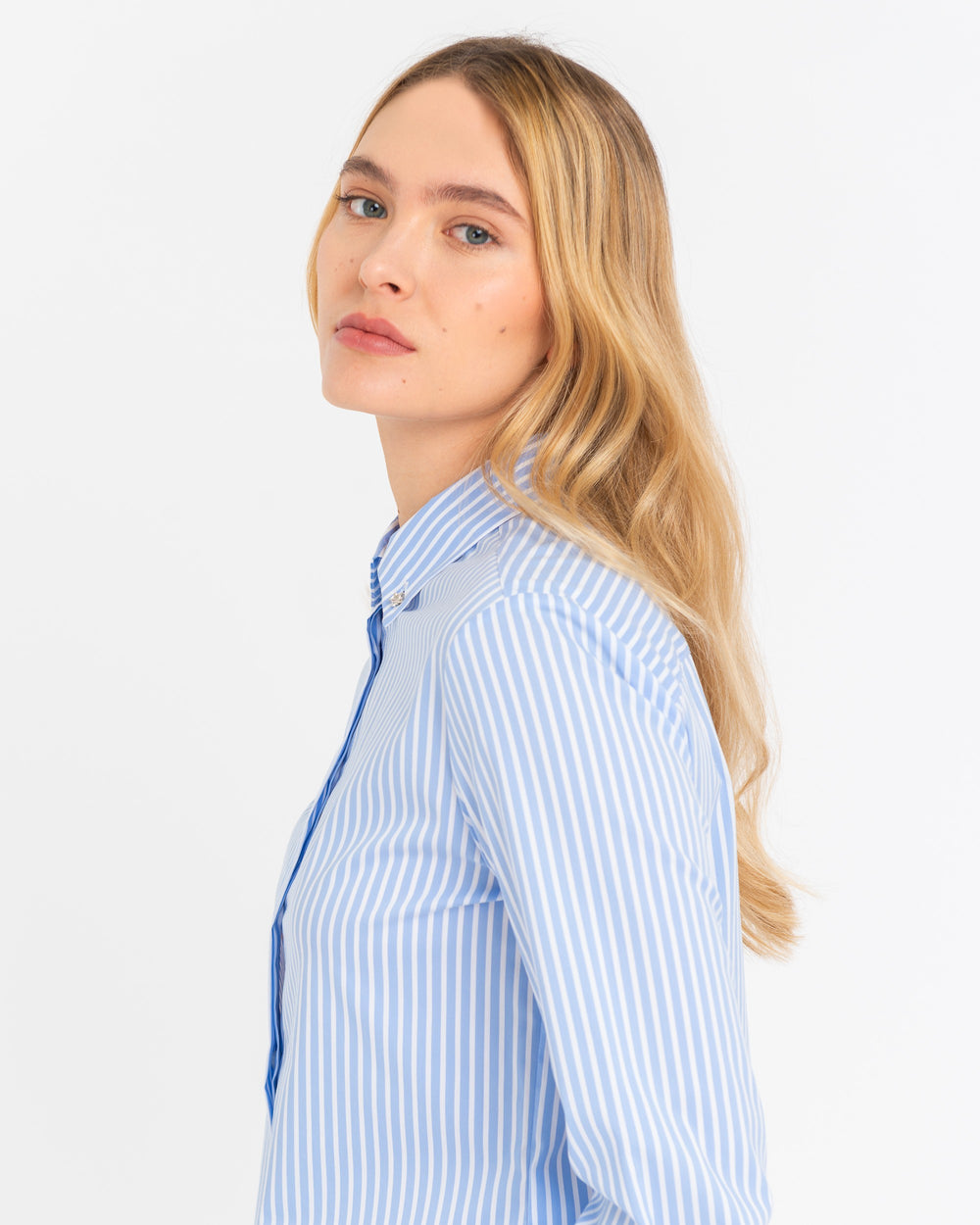 light blue stretch cotton button down shirt