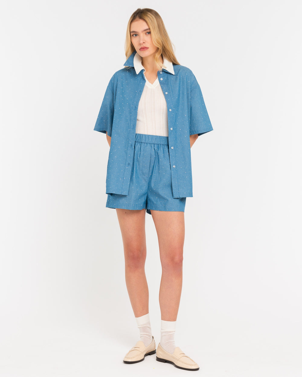 light blue cotton chambray over shirt with appliqués