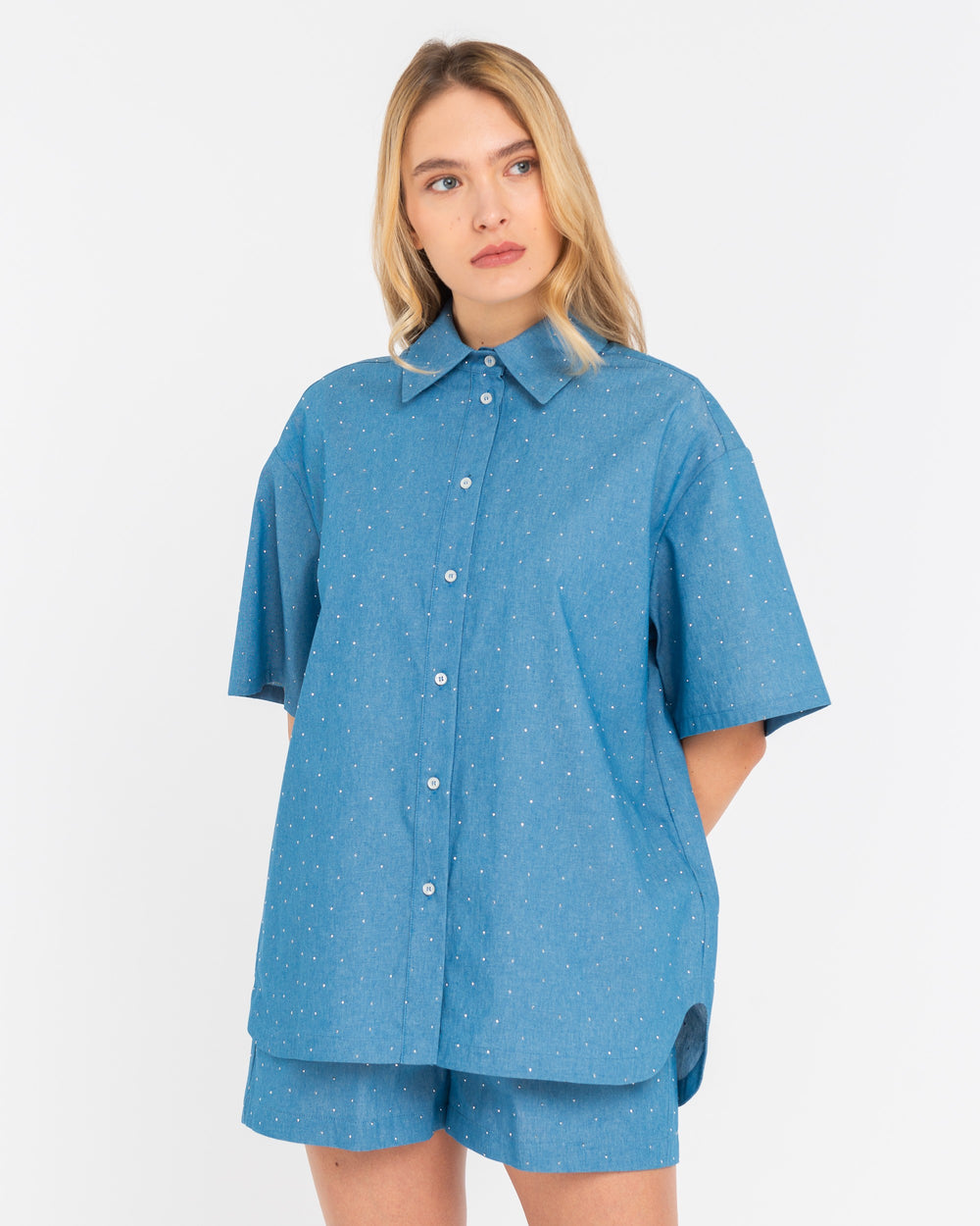 light blue cotton chambray over shirt with appliqués