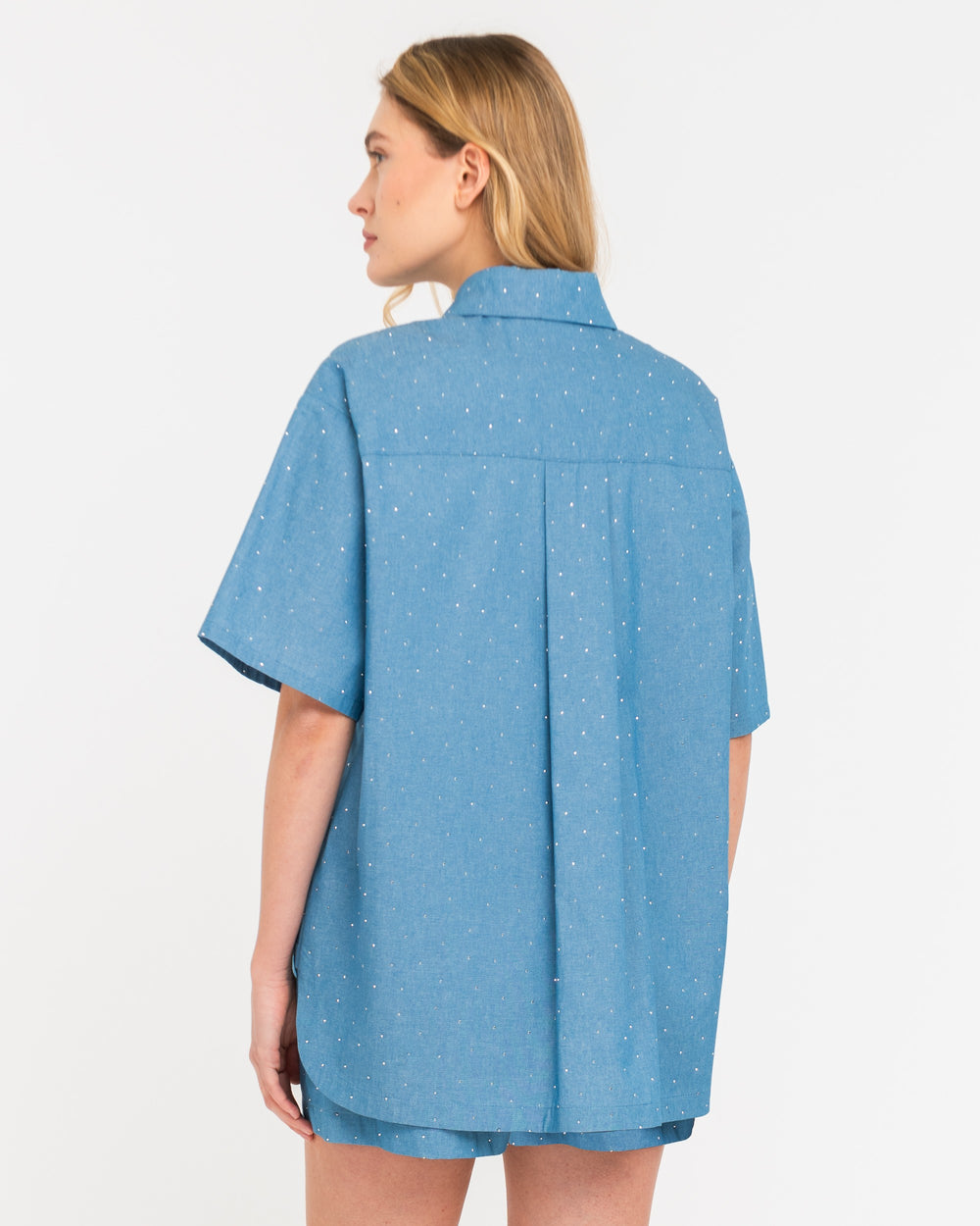 light blue cotton chambray over shirt with appliqués