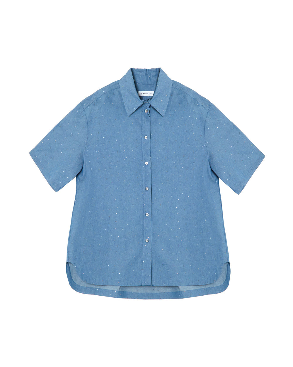 light blue cotton chambray over shirt with appliqués