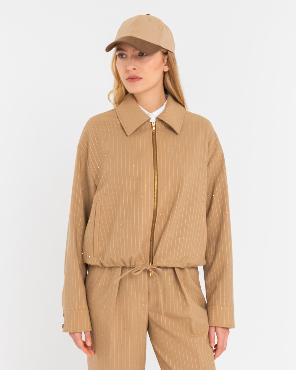 beige micro sequin pinstripe cropped jacket