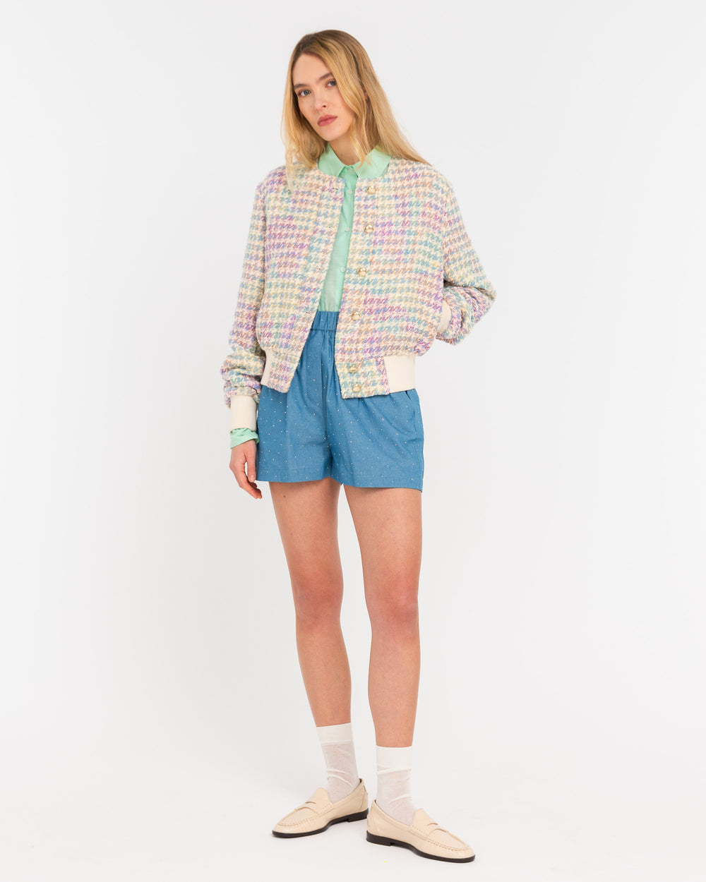 sky blue pied de poule bouclè cropped jacket