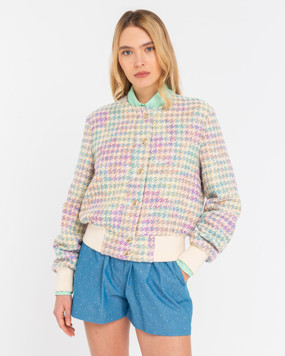 sky blue pied de poule bouclè cropped jacket