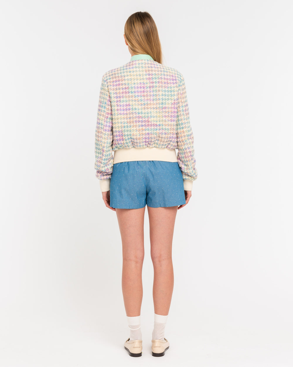 sky blue pied de poule bouclè cropped jacket