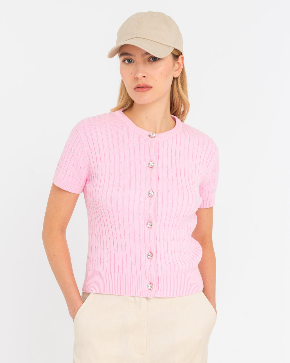 pink short sleeved cotton cardigan