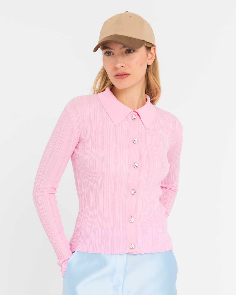 pink ribbed polo shirt with jewelled buttons