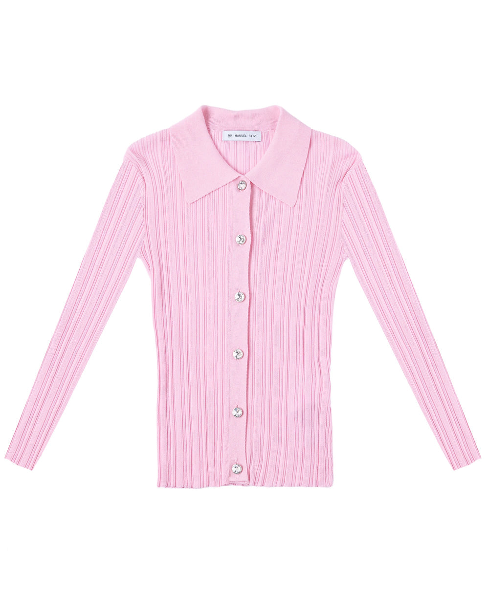 pink ribbed polo shirt with jewelled buttons