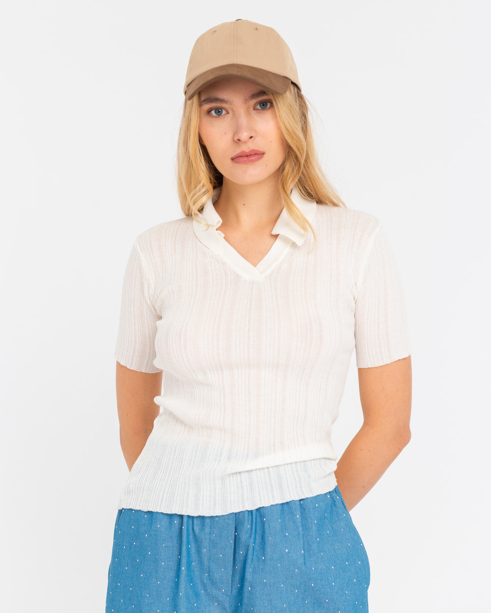 white ribbed open collar polo shirt