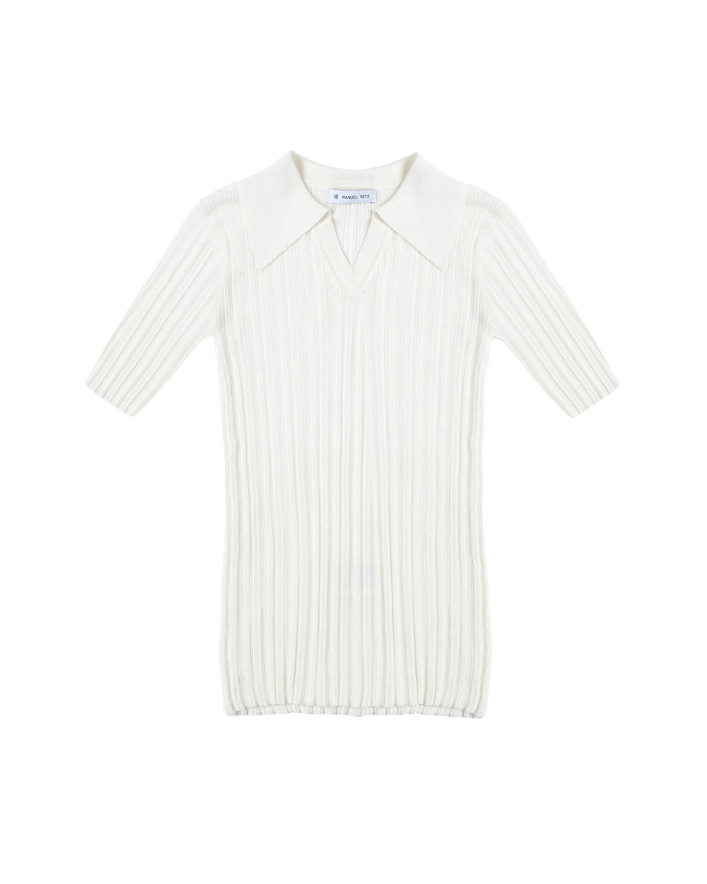 white ribbed open collar polo shirt