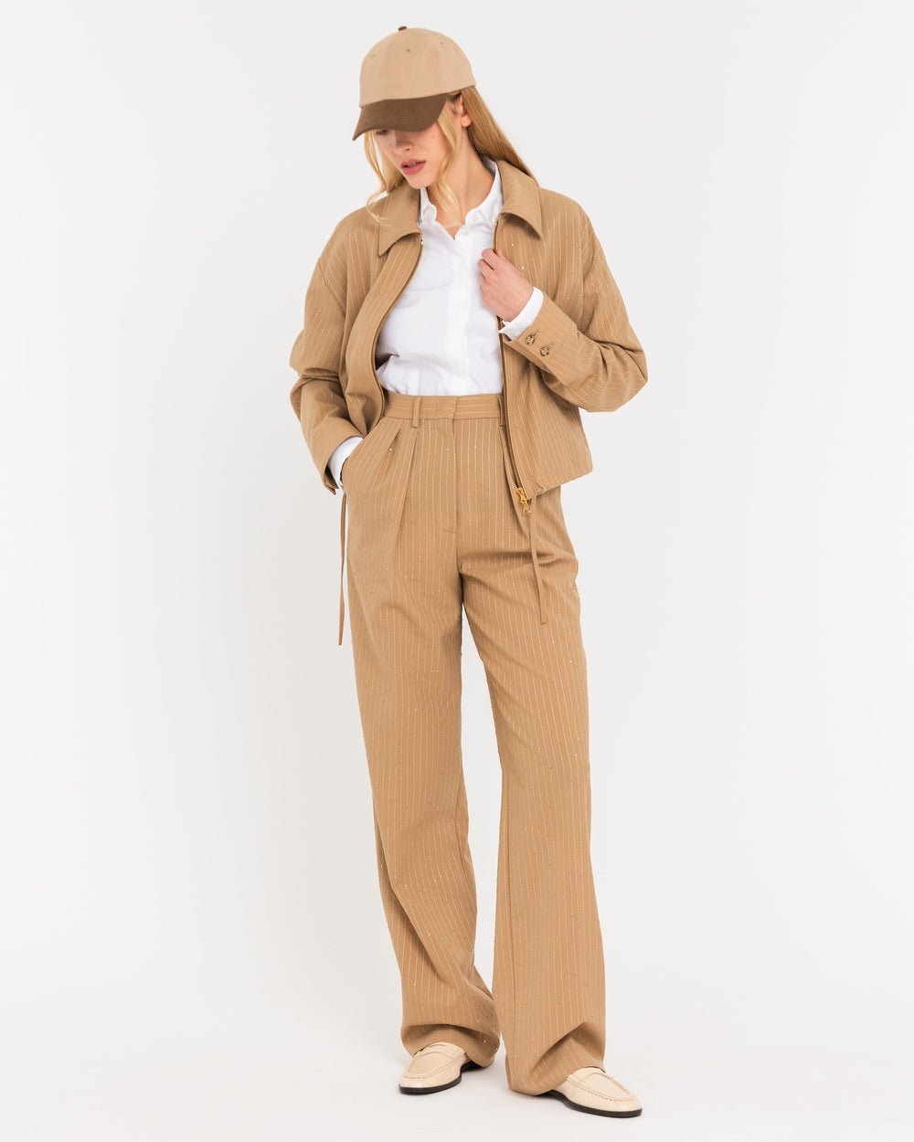 beige double pleat micro sequin pinstripe trousers