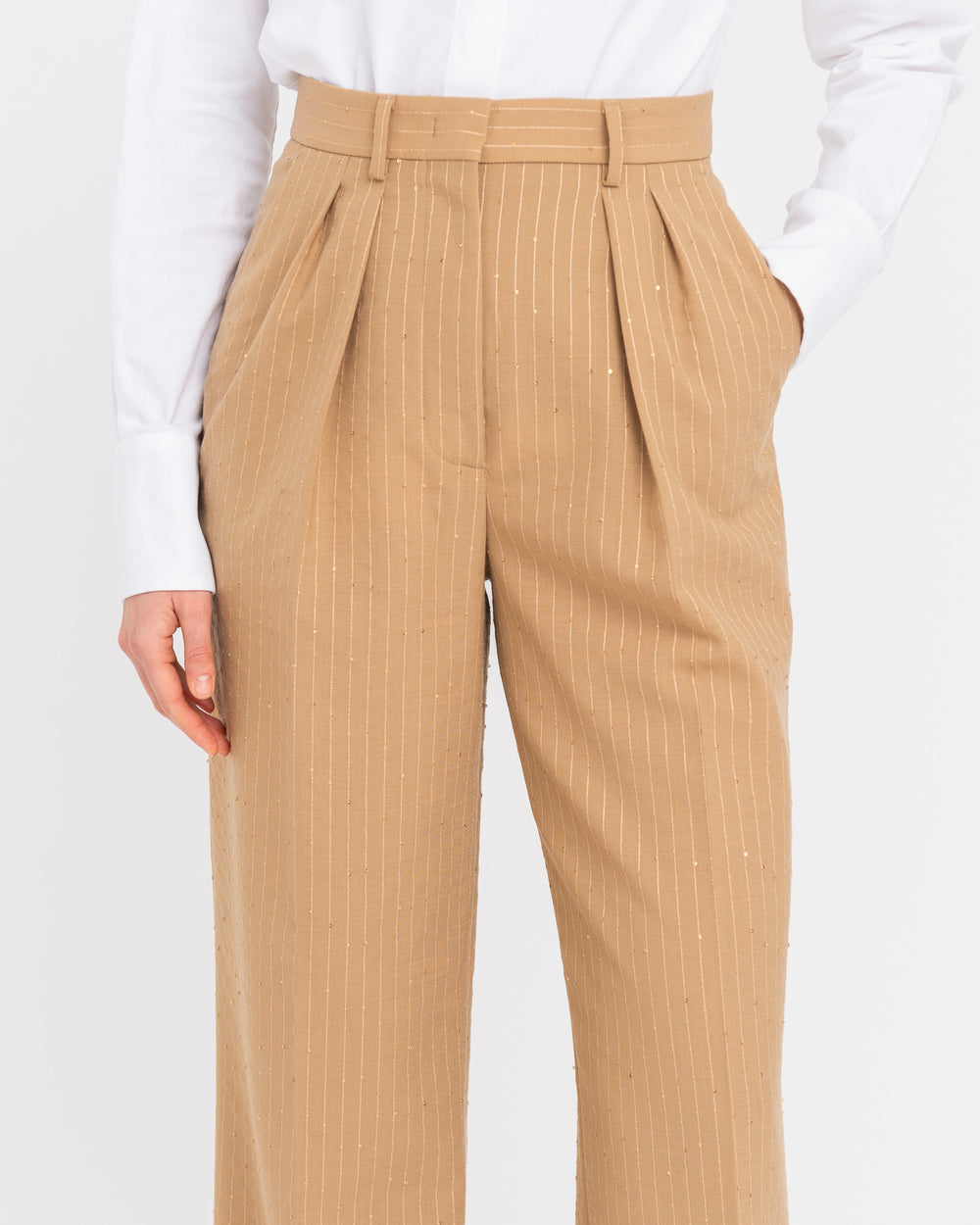 beige double pleat micro sequin pinstripe trousers