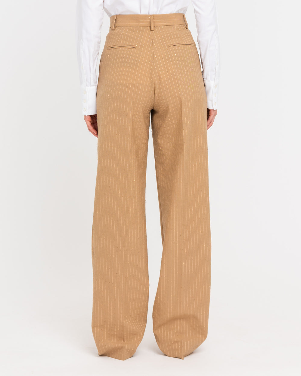 beige double pleat micro sequin pinstripe trousers