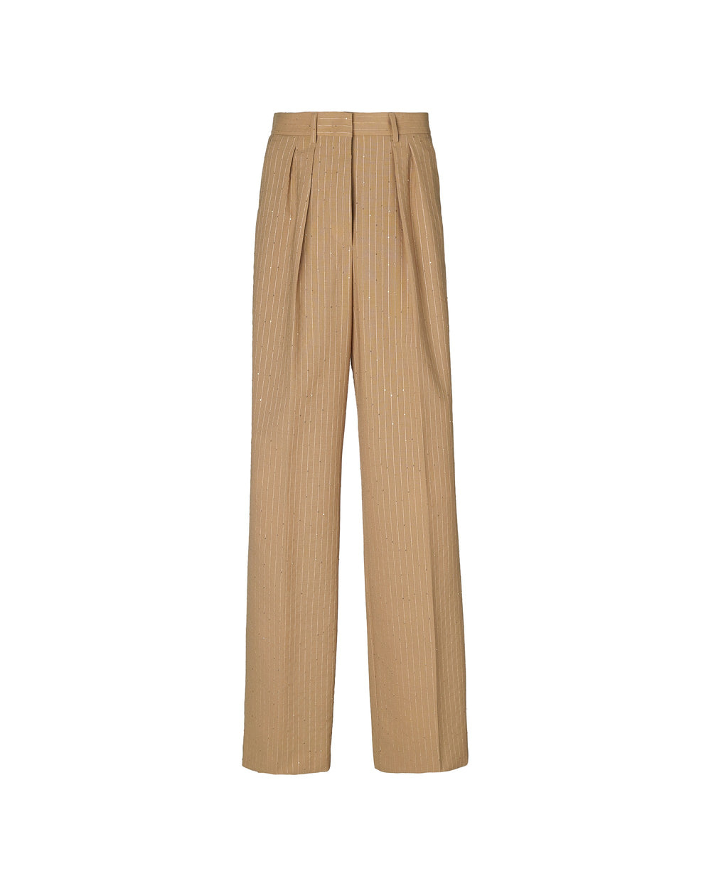 beige double pleat micro sequin pinstripe trousers