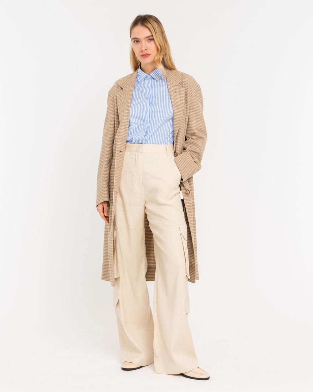 beige stretch cotton linen cargo trousers