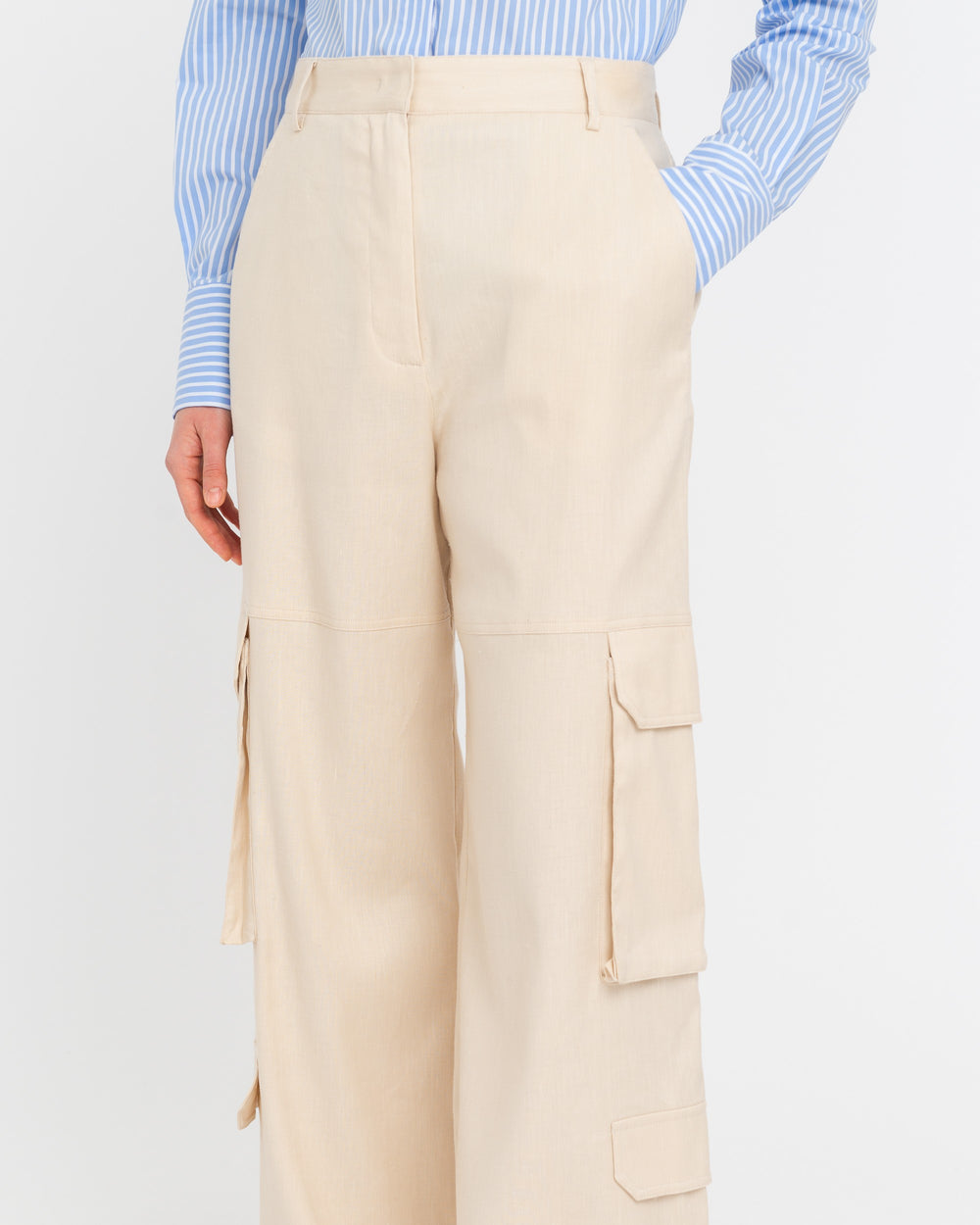 beige stretch cotton linen cargo trousers