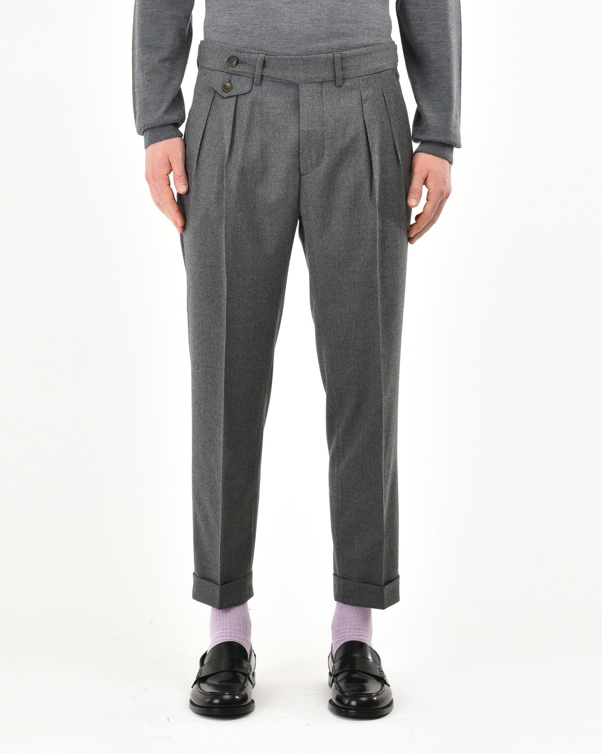 Pantalone doppia pinces baggy flanella di lana stretch grigio ...